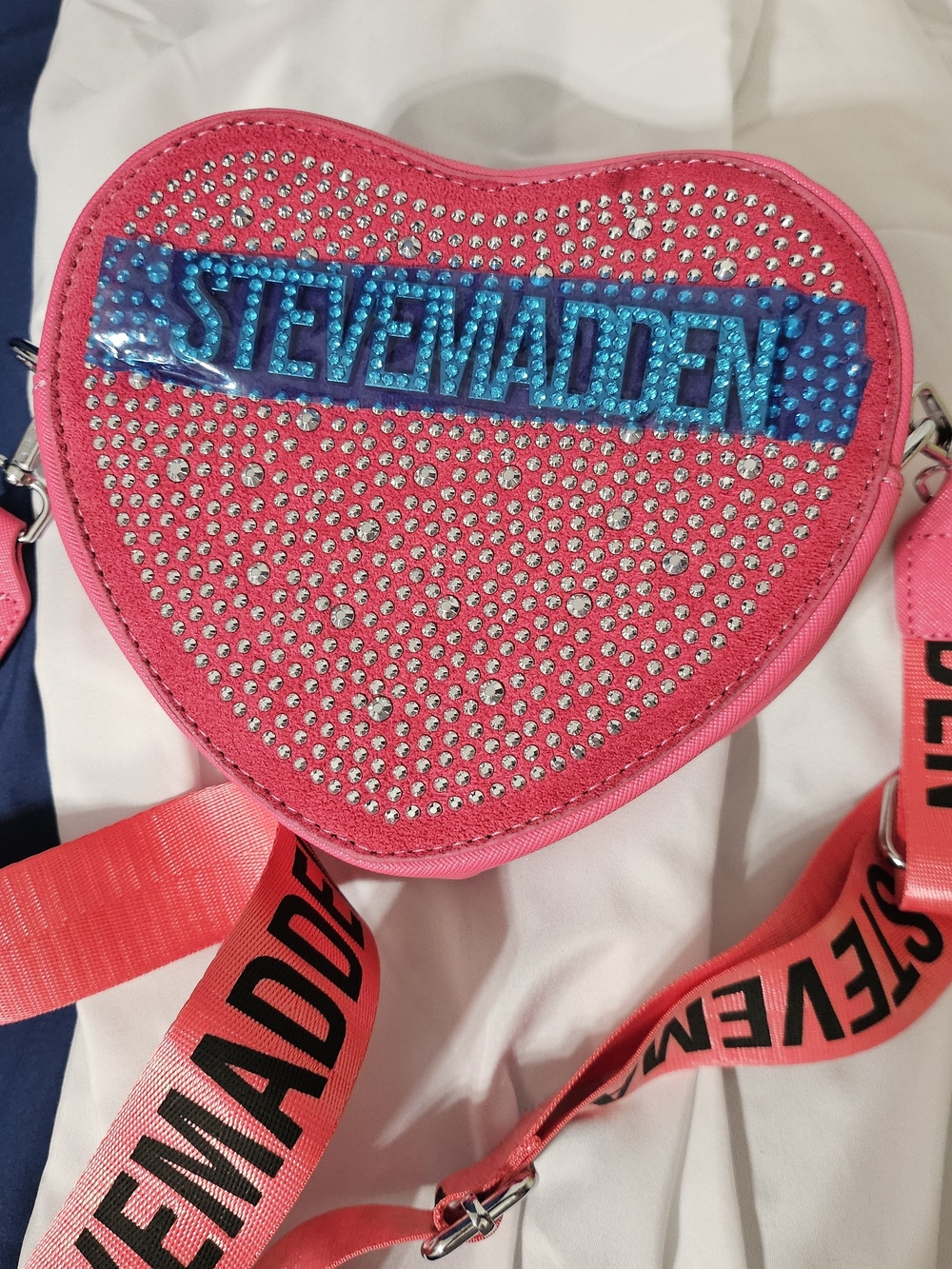 Steve Madden Hot Pink Heart Crossbody with Blue Logo Panel